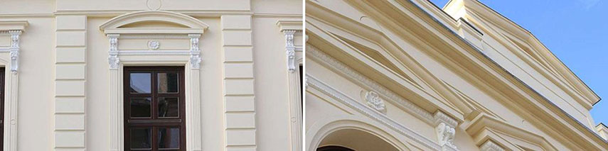 Detailgetreu nachgebildete Stuckelemente an historischen Bauten