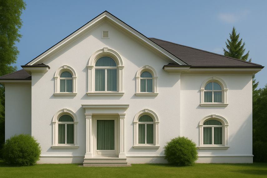 Ansprechende Fassadengestaltung mit flexiblen Stuckleisten für runde Fenster und Säulen