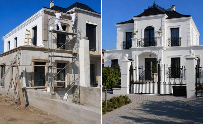 Dasselbe Gebäude ohne und mit Fensterumrandung aus Stuck.