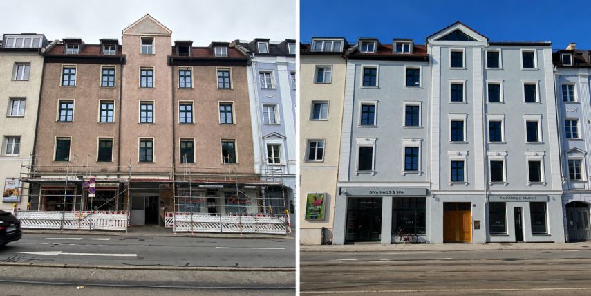 Stuckfassade vor der Sanierung und nach der Fassadenrenovierung mit Stuck